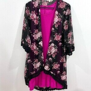Black floral kimono wrap top and bright pink dress with pockets size medium